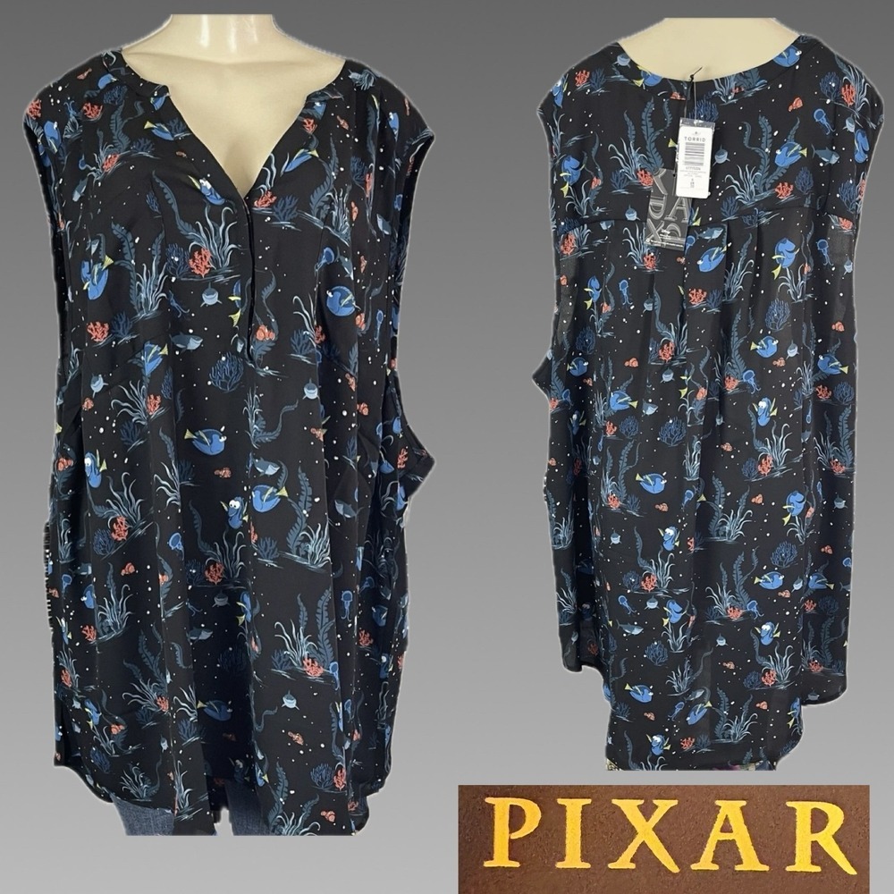 Disney Pixar 6X Black Multi Finding Nemo Sleeveless Blouse Split Button Neck